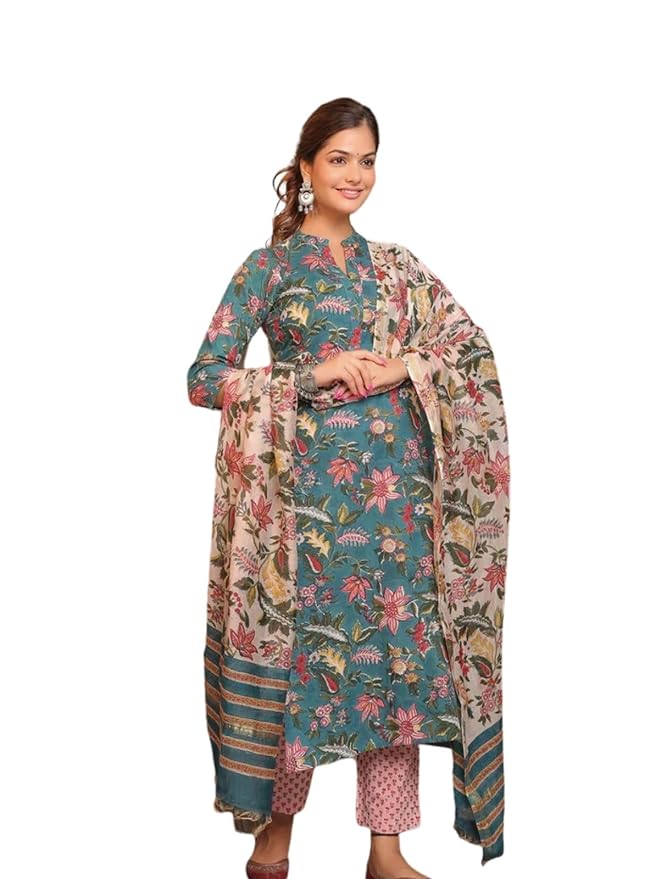 GRECIILOOKS Kurta Set with Dupatta | Floral Print Kurta Set for Women | Festival Kurta Set | India Ethnic Casual Kurti Set for Women | Cotton Kurta Set for Women | Suit Set for Women