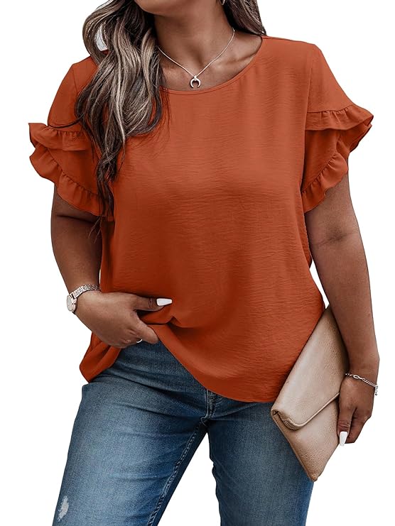 Sugathari Elegant Top, Women’s Solid Petal Sleeve Round Neck Ruffle Trim Top II Tops for Women/Girls (TOP 118)