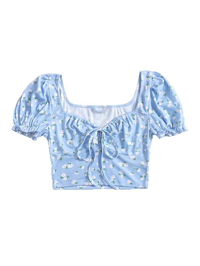 Aahwan Women’s Printed & Girls’ Puff Sleeve Tie Front Ditsy Floral Slim Fit Top