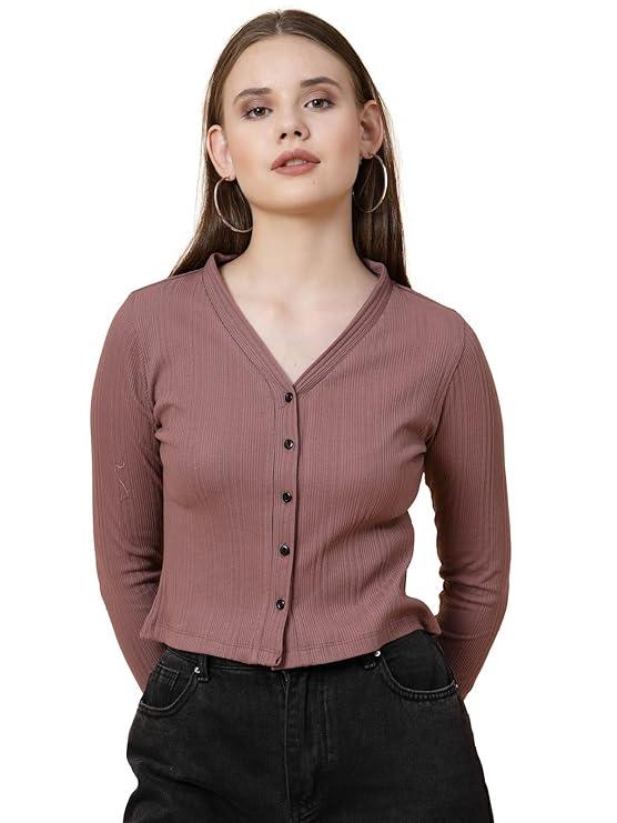 Rigo Casual Wear V Neck Rib Knit Top for Women | Slim Fit Long Sleeves Western Tops for Women