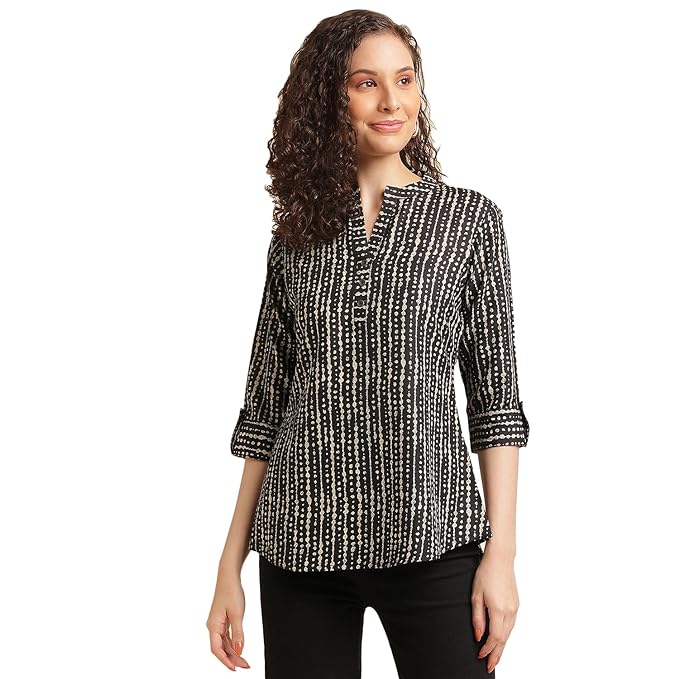 NAINVISH Tops for Women Printed Shirt Top for Women | Tops for Women Stylish Latest | Office Wear Tops for Women | Cotton Blend Tops for Women | Mandarin Collar Top