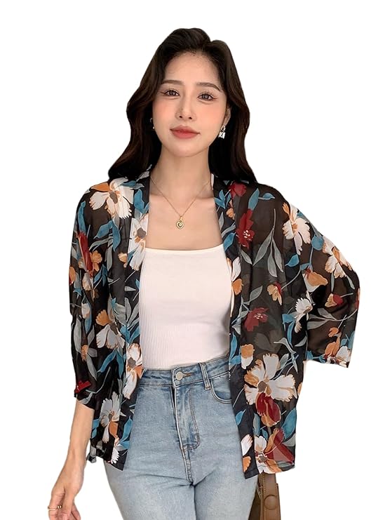 TOPLOT Women’s Front Open Floral Printed Shrug Top Regular Fit