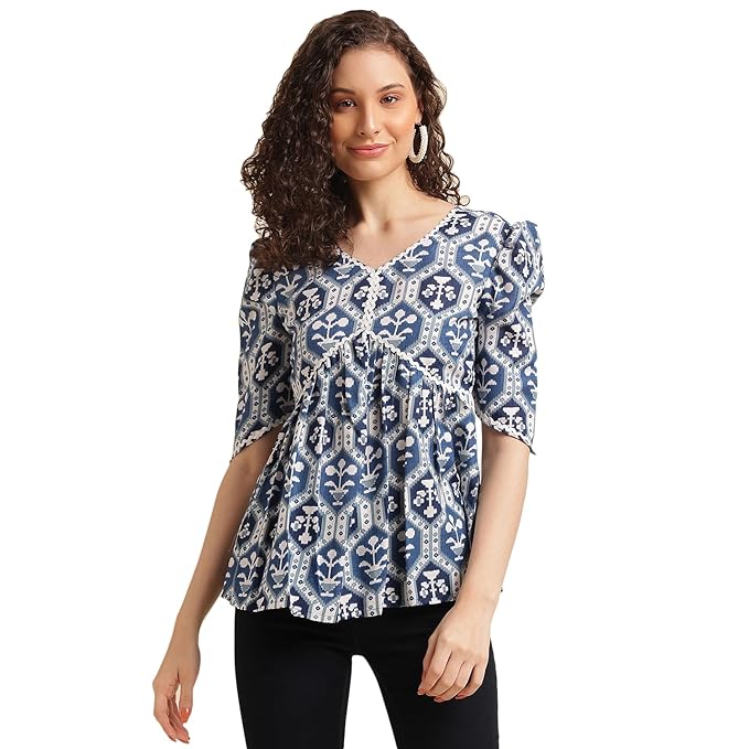 NAINVISH Tops for Women Printed Bandhani Top for Women | Tops for Women Stylish Latest | Office Wear Tops for Women | Cotton Blend Tops for Women | V-Neck Top