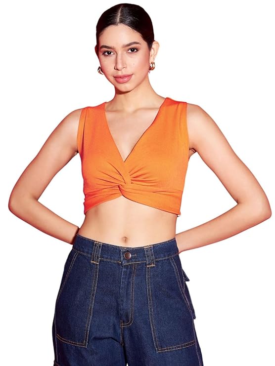 Uptownie Lite Women Stretchable V Neck Sleeveless Knotted Regular Fit Crop Top