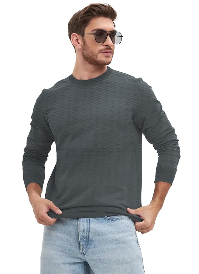 LEOTUDE Men’s Regular Fit Cottonblend Full Sleeve Textured Solid T-Shirt for Men (Color Grey)