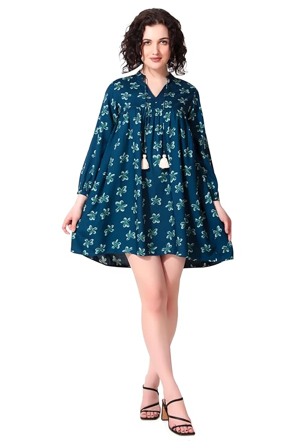 Seryeon Women’s 3/4 Puff Sleeves Knee Length A-Line Dress | Tie-Up Neck Casual Short Dress | Above The Knee Short Summer Dress