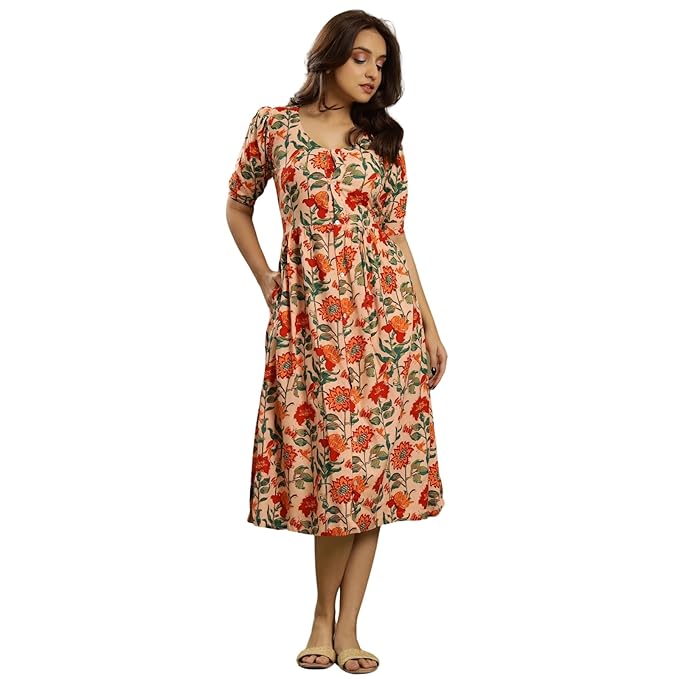 Negen Cotton Floral Midi Dress for Women - One Piece Fit and Flare Dresses for Women