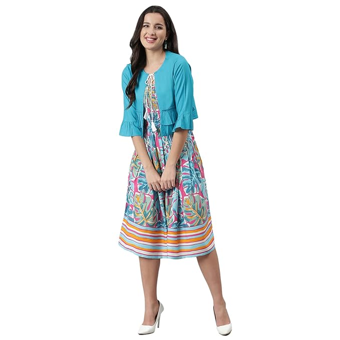 DEEBACO Women’s Fit and Flare|Midi Dress for Women Floral Printed New Latest Two Piece Shrug A-Line Dresses with Jacket for Girls