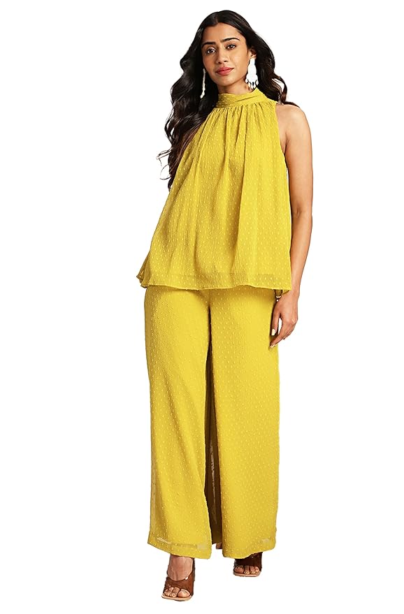 Janasya Women’s Chiffon Woven Design Gathered Co-Ord Set
