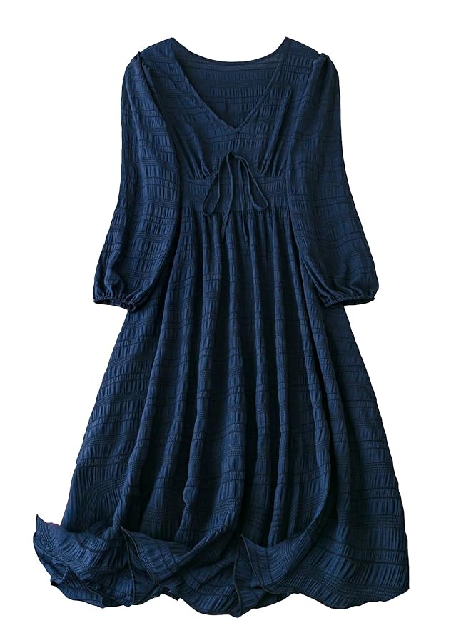 Shasmi Women’s & Girl’s Navy Blue Dress for Women Midi, One Piece Dress for Women’s Casual Dress, Solid Textured Lantern Sleeve Tie Front V Neck Midi Dress (Dress 123)