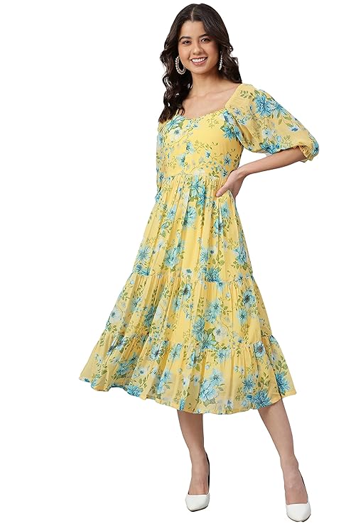 Janasya Women’s Georgette Floral Printed Flared Floor Length Western Dress