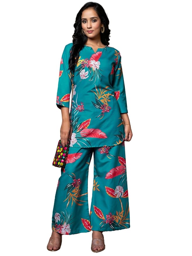Leriya Fashion Women Ethnic Kurta Set | Rayon Co-Ord Set | Fancy Pajama Set | Pack of 2 | Floral Printed Top & Pant Set | Full Pair Set | A-line Kurta Set for Women | Co-Ord Set