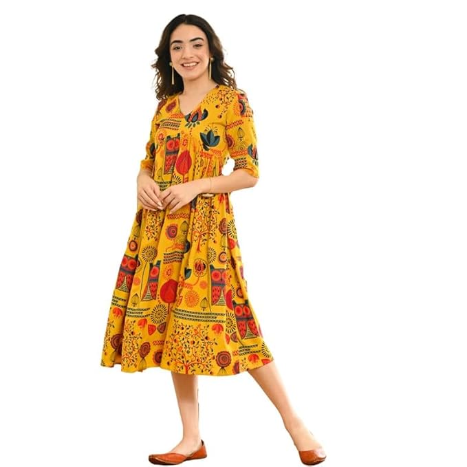 gobya Stylish Beautiful Yellow Printed Anarkali Kurti for Women's Ethnic Wear Festive Gown (Yellow)