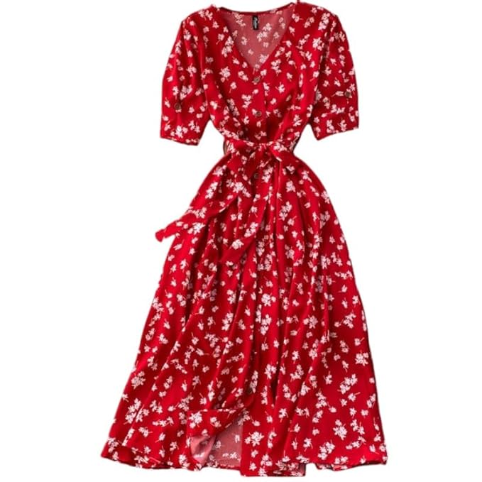 Gufrina Women’s Half Sleeve Front Button & Tie-Up Dress – Floral Print Midi Dress with V-Neck and Puff Sleeves