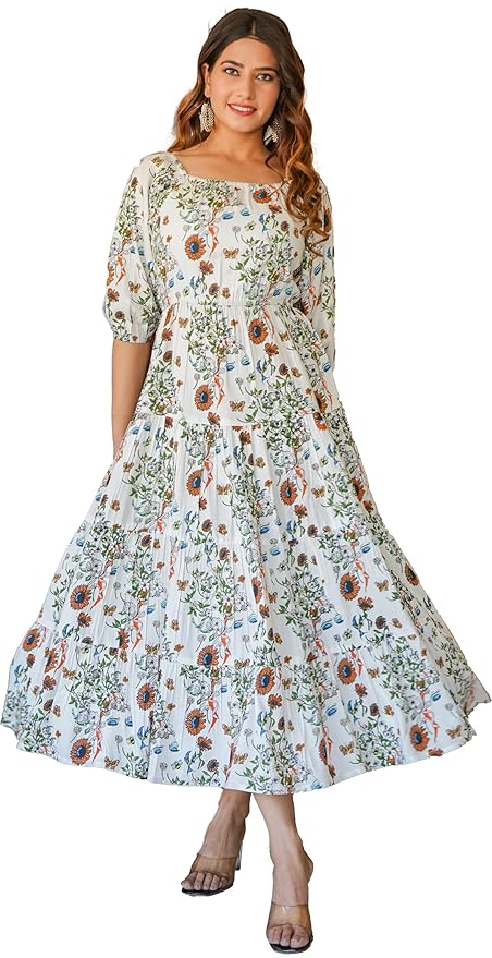Yash Gallery Women’s Rayon Floral Printed Tiered Style Maxi Dress