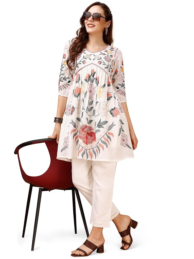 Womanista Women Off White Colour Multi Thread Embroidery Flared Co-Ord Set