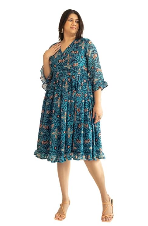 Janasya Women’s Plus Size Blue Dobby Georgette Ikat Printed Flared Dress