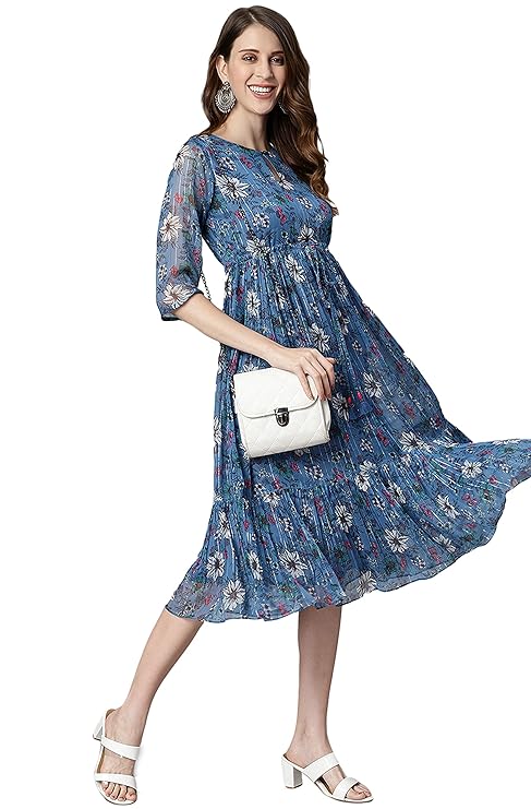 Janasya Women’s Blue Poly Georgette Floral Flared Western Dress