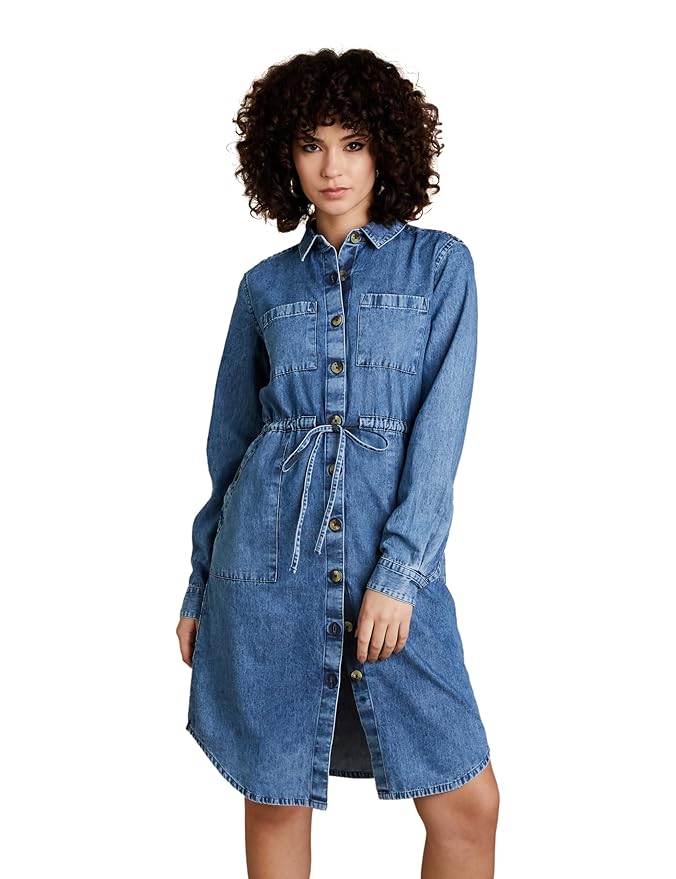 Amazon Brand – INKAST Women’s Denim One Piece Knee-Length Shirt Dress (with Self Fabric Belt)