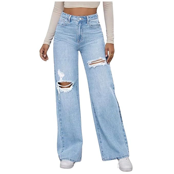 NUCOUTHS Women Wide Leg High Waist Distress Ice Blue Jeans Pant (2CUT_ICE_A01BC)