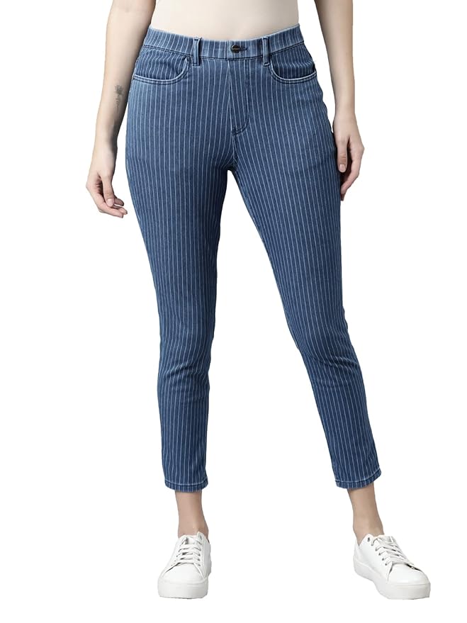 GO COLORS Women Striped Blue Cotton Denim Mid Rise Cropped Jeggings