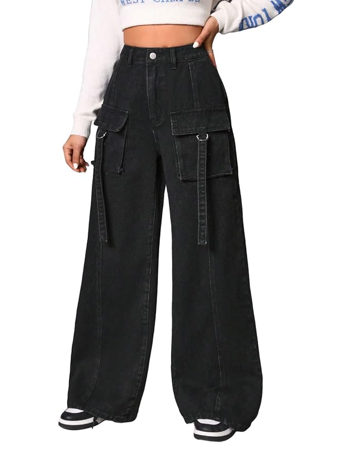 KOTTY Women's Solid || Straight || Slim|| Distressed || Cotton Lycra Blend High Rise Cargo's Jeans