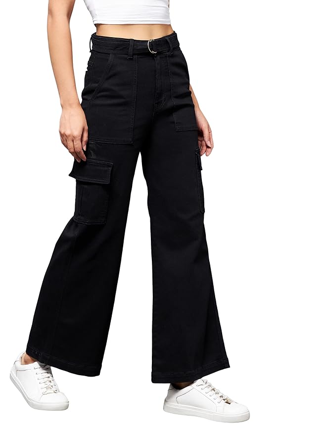 Miss Chase Women’s Black Wide Leg High Rise Clean Look Regular Stretchable Denim Jeans