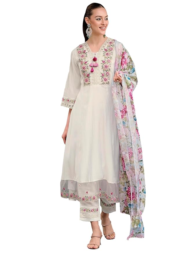 INDO ERA Women's Silk Blend Embroidered A-Line Kurta Pant With Dupatta Set