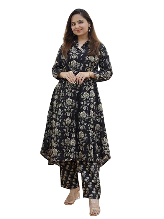 Leriya Fashion Ethnic Co Ord Set for Women Kurta Set for Women | 2 Piece Kurta Set | Kurta with Pant for Women (Small, Black) LF-W1842&TR899