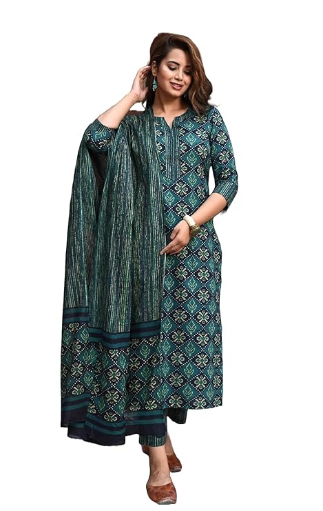 LookMark Women's Printed Cotton Blend Straight Kurta Pant Dupatta Set - Stylish Ethnic Wear for Women