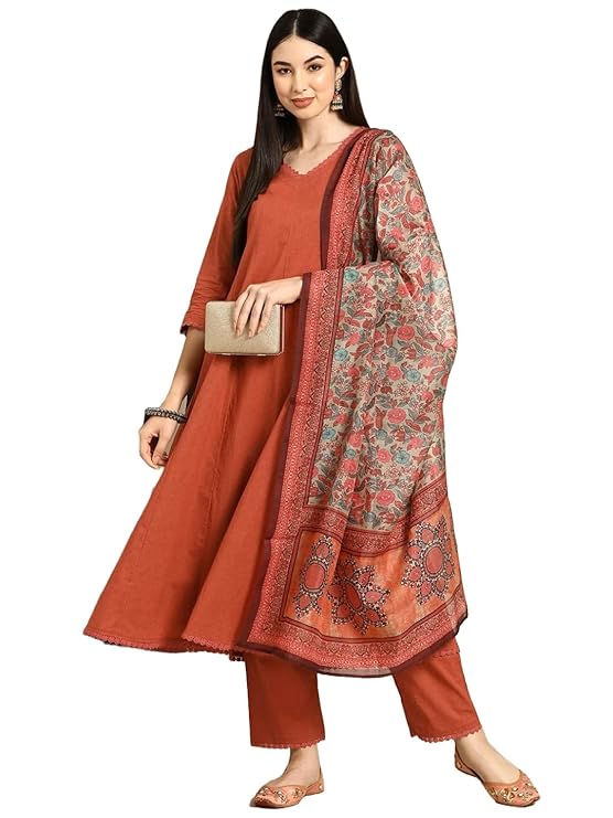 GoSriKi Women's Cotton Blend Anarkali Printed Kurta with Pant & Dupatta (UTSAV Peach-GS_L_Peach_Large)