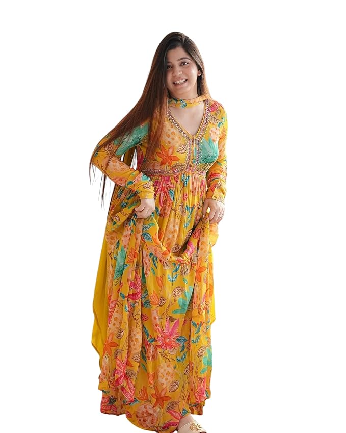 KD Women's Anarkali Floral Printed Kurta Pant Set with Dupatta Anarkali Kurta Kurti for Women