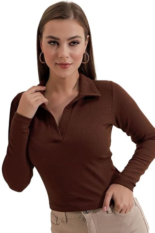 Dream Beauty Fashion Women’s Collared Neck Long Sleeve Slim Fit Casual Tee Top, 23″ inches (Apple-01-P)