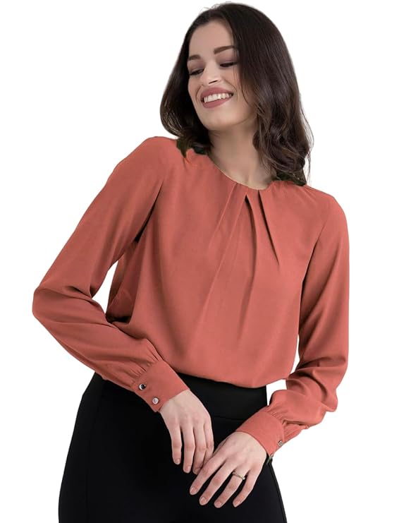 Mirana Classic Crew Neck Front Pleat Detail Women Pink Maroon Dark Blue Lavender Top with Long Sleeves for Office, Casual, Top for Women/Girls Tops…