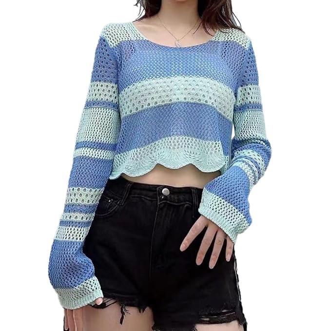 ICW Women’s Korean Style Knitted Sheer Crochet Long Sleeve Hollow Out Colour Block Print Crop Top T-Shirt (One Size 32-36 Inch Bust) 29