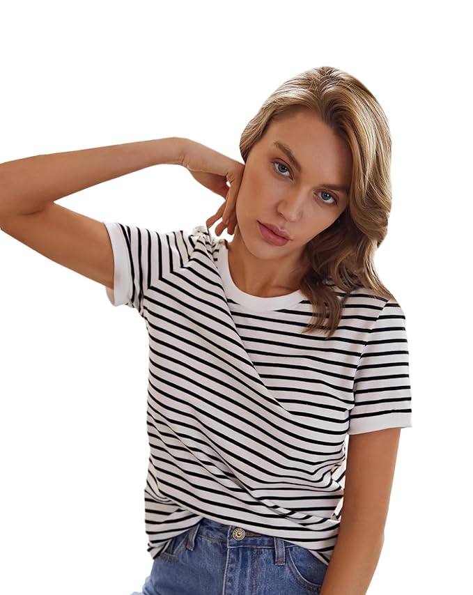 TOPLOT Stripe Printed Short Sleeve Regular Fit Top for Women