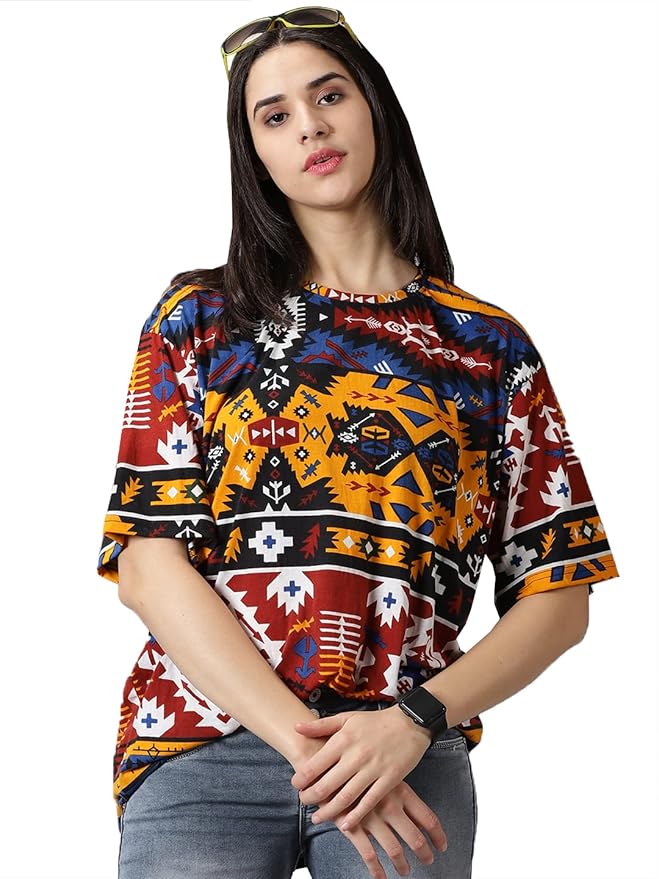RodZen Oversized Cotton All Over Printed Loose Fit T-Shirt for Women/Girls