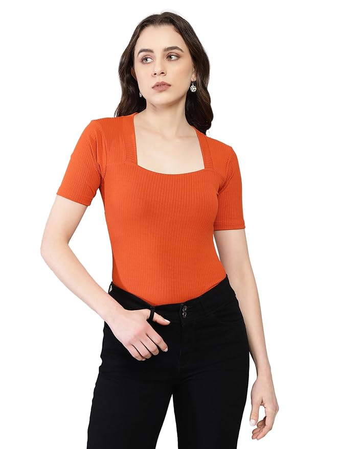 Shasmi Women’s & Girl’s Wine Solid Knitted Square Neck T-Shirts Short Sleeve Tops (T-Shirt 106)