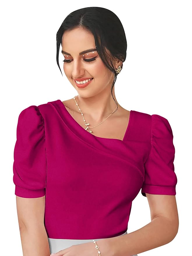 Dream Beauty Fashion Women’s Asymmetric Neck Puff/Balloon Bishop Sleeve Elegant Casual Tee Top, 23″ inches (Top Paris-01)