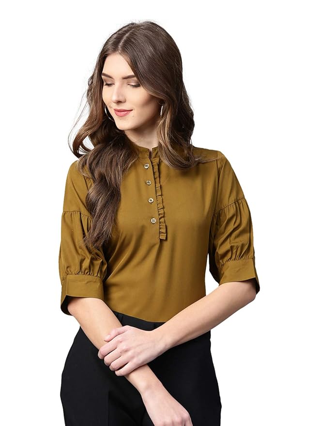 IVES Polyester Mandarin Collar Short Sleeve | Regular Fit | Solid Top for Women