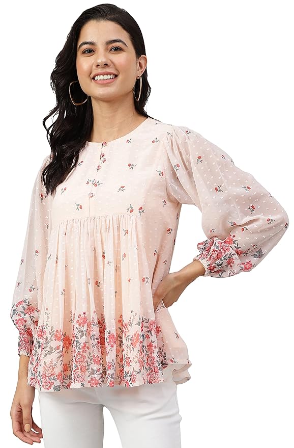 Janasya Women's Peach Georgette Floral Print Flared Top