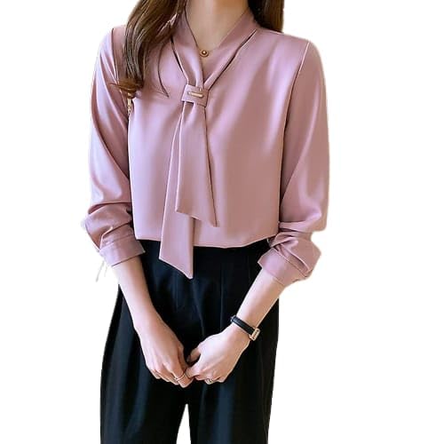 Women American Crepe Women Blouse and Tops Office Long Sleeve Women Shirts with Tie V Neck Loose Female Clothing
