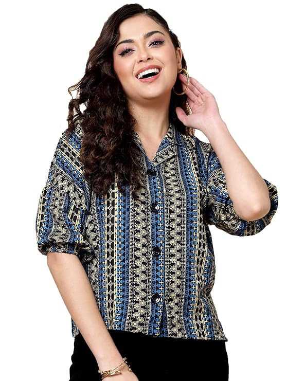 J TURRITOPSIS Women’s Printed Half Sleeve Oversized Shirt Top (Multicolor)