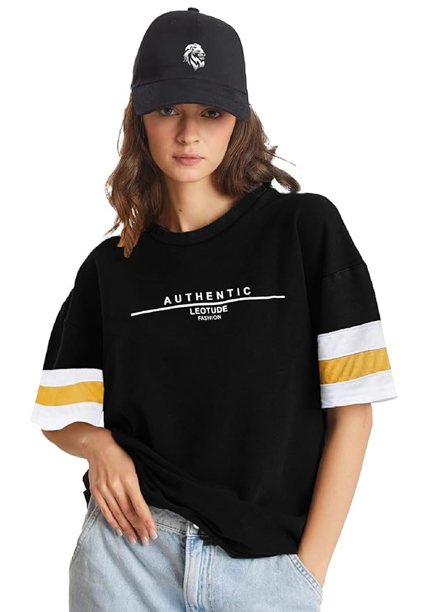 LEOTUDE Men’s Cottoblend Half Sleeve Printed Oversized Drop Shoulder T-Shirt (Black Color)
