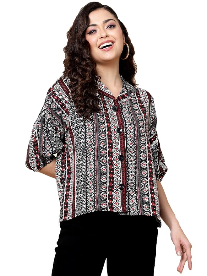 J TURRITOPSIS Women’s Printed Half Sleeve Oversized Shirt Top (Multicolor)