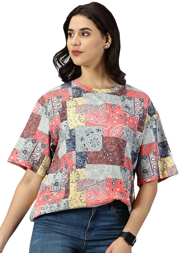 RodZen Oversized | Loose Fit | Relaxed Fit Half Sleeves 100% Cotton Round Neck Graphic Printed T-Shirt for Womens/Girls
