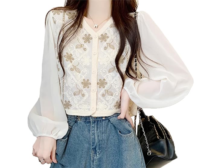 ICW Women’s Boho Knit V-Neck Crochet Hollow Out Puff Sleeve Crop Top Shirt (One Size Fit Bust 30-34 Inch)