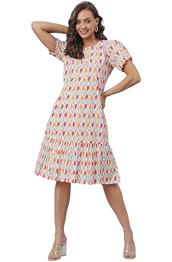 Janasya Women’s Off White Cotton Printed A-line Western Dress