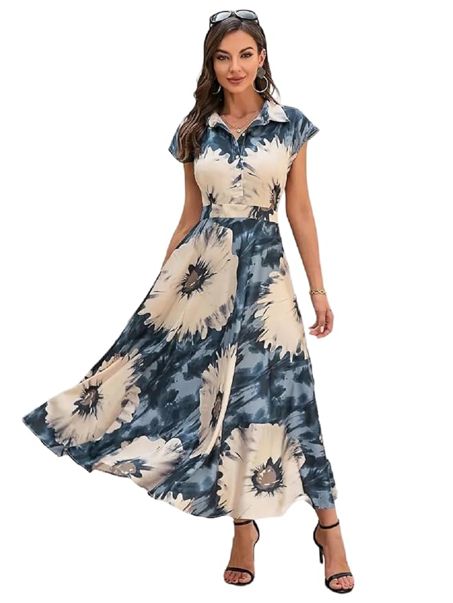 Bollyclues Women’s Cotton Fit and Flare Printed Cap Sleeve Coller-Neck Casual Maxi Dress(MX-02)