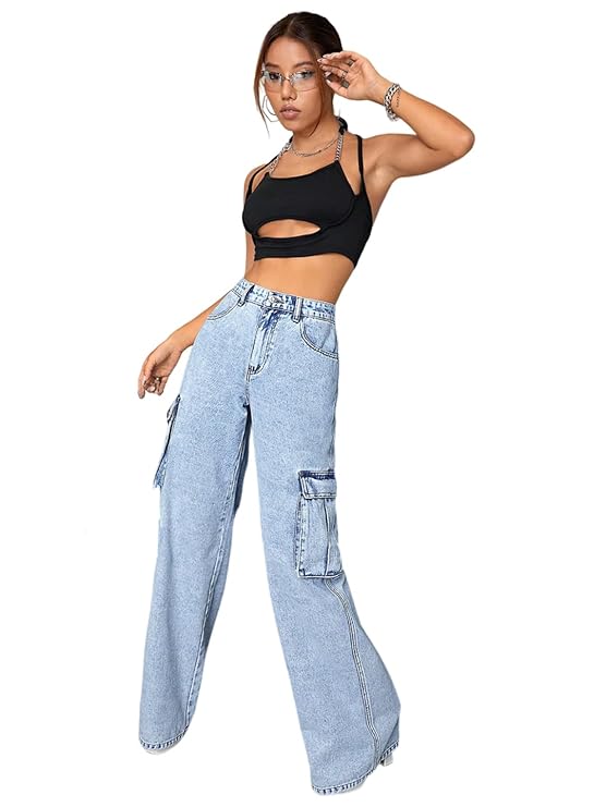 KOTTY Women’s Solid Cotton Lycra Blend High Rise Relaxed Fit Cargo Jeans